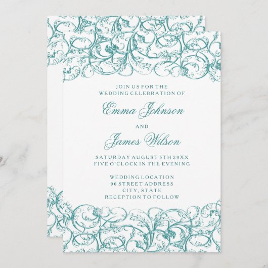 Elegant zwaait rococo trouwuitnodiging kaart (Voorkant / Achterkant)