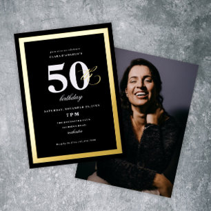 Elegant Zwart 50ste Verjaardagsfeest Goud Folie Uitnodiging