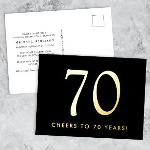 Elegant Zwart 70ste Verjaardagsfeest Goud Folie Uitnodiging Briefkaart