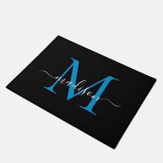 Elegant zwart blauw aangepaste monogram scriptnaam deurmat (Schuin)