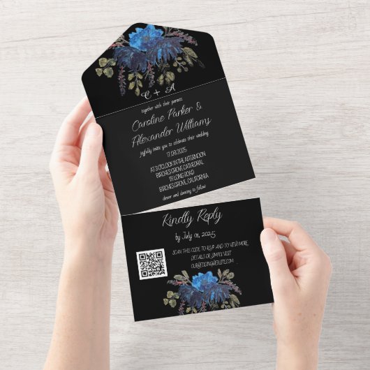 Elegant Zwart Blauw Bloemen Moderne RSVP QR Code All In One Uitnodiging (Afscheurbaar)