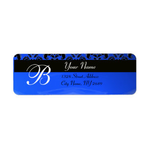 ELEGANT ZWART BLAUW DAMASK MONOGRAM ETIKET