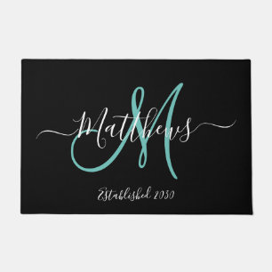 Elegant zwart Blauwgroen Monogram Script Familiena Deurmat