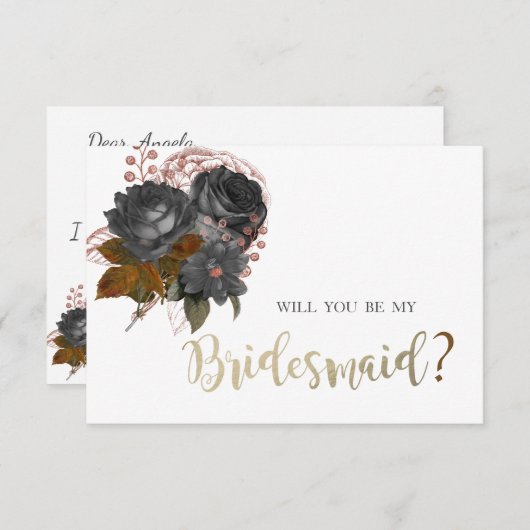 Elegant Zwart Bloemen Bruidsmeisje Kaart (Voorkant / Achterkant)