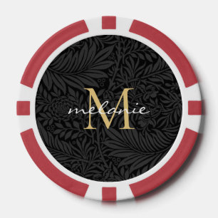 Elegant  zwart bloemengoud script monogram poker chips