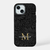 Elegant zwart bloemenscript monogram iPhone 15 hoesje (Achterkant)