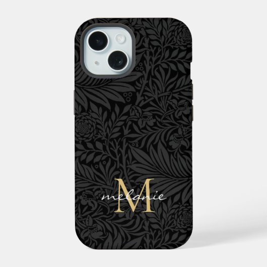 Elegant zwart bloemenscript monogram iPhone 15 hoesje (Achterkant)