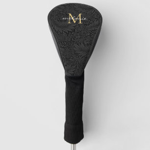 Elegant Zwart Bloemmotief Goud Schrift Monogram Golfheadcover