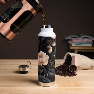 Elegant zwart bloemmotief met gouden bladeren waterfles