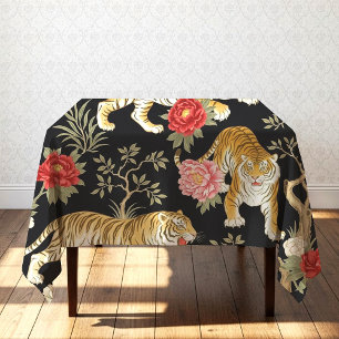 Elegant zwart Chinees tijger- en pioenpatroon Tafelkleed