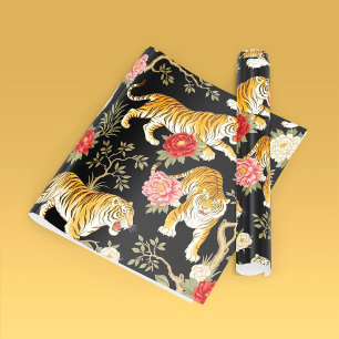 Elegant zwart chinoiserie tijger- en pioenpatroon cadeaupapier