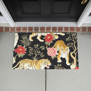 Elegant zwart chinoiserie tijger- en pioenpatroon deurmat