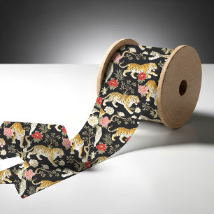 Elegant zwart chinoiserie tijger- en pioenpatroon lint
