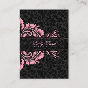 Elegant Zwart Damasks Roze Bloemen Ornament 2 Visitekaartje