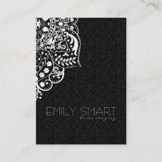 Elegant zwart damast wit  kant visitekaartje (Voorkant)