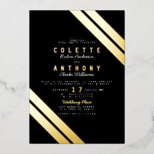 Elegant zwart echt goud moderne strepen bruiloft folie uitnodiging