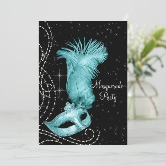 Elegant zwart en Blauwgroen blauw Masquerade Party Kaart (Staand voorkant)