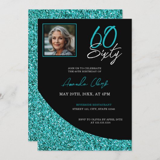 Elegant Zwart en Blauwgroen Glitter 60e Verjaardag Kaart (Voorkant / Achterkant)