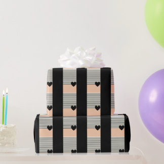 Elegant Zwart en Blush Roze Hart & Strepen Gift Cadeaupapier
