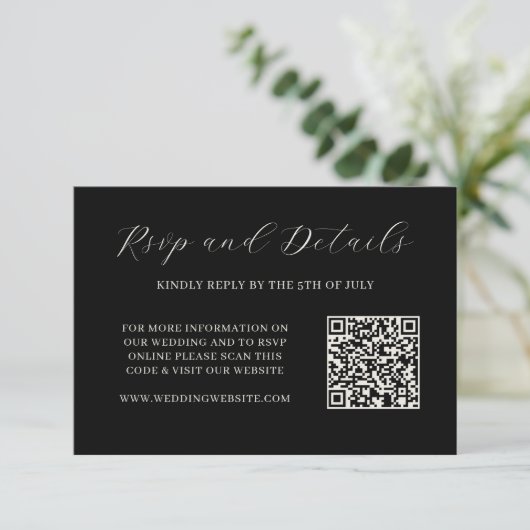 Elegant Zwart en Cream QR Code Bruiloft RSVP Kaart (Staand voorkant)