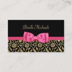Elegant Zwart en Faux Gold Damask Hot Pink Bow Visitekaartje