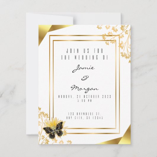 Elegant zwart en glanzend vlinder wit bruiloft notitiekaartje (Voorkant)