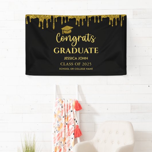 Elegant Zwart en Goud 2025 Gefeliciteerd Afstudere Spandoek (Insitu)