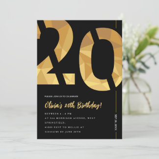 Elegant zwart en goud 20ste verjaardagsfeest kaart
