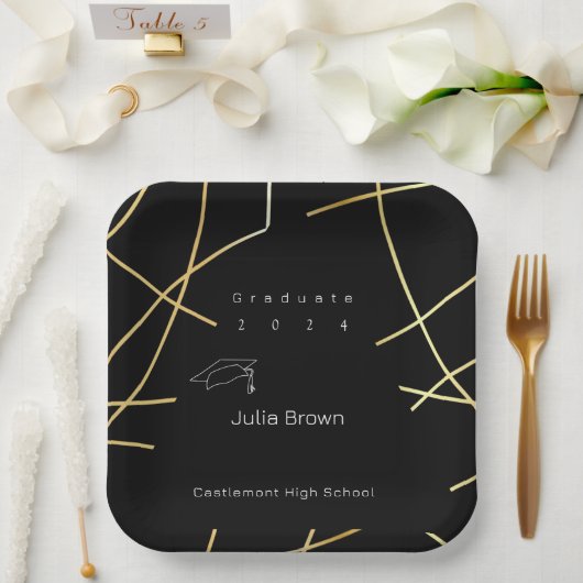 Elegant Zwart en Goud Afstuderen Papier Bord (Huwelijk)