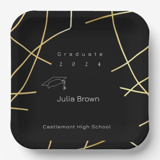 Elegant Zwart en Goud Afstuderen Papier Bord (Voorkant)