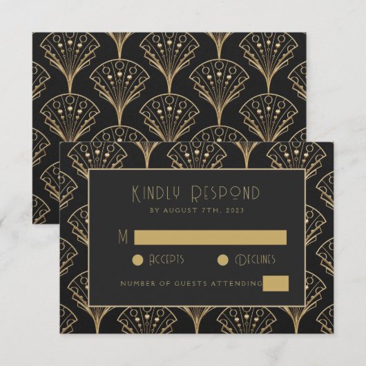 Elegant zwart en goud Art Deco Classic bruiloft RSVP Kaartje (Voorkant / Achterkant)