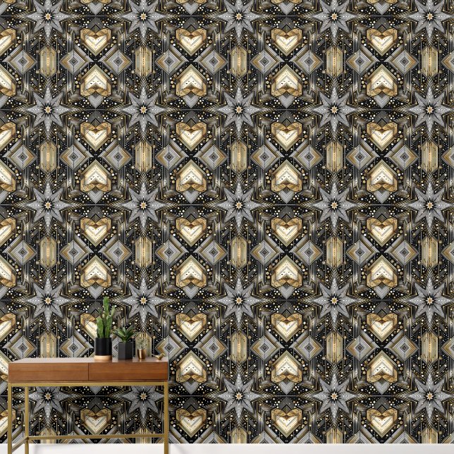 Elegant zwart en goud Art Deco sterpatroon Behang (Hal)