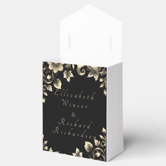 Elegant Zwart en Goud Bloemen Bruiloft Bedankdoosjes (Geopend)