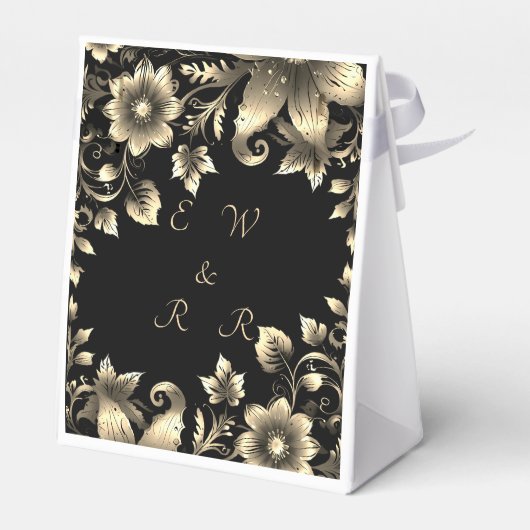 Elegant Zwart en Goud Bloemen Bruiloft Bedankdoosjes (Achterkant)