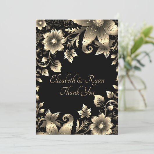 Elegant Zwart en Goud Bloemen Bruiloft Bedankkaart (Staand voorkant)