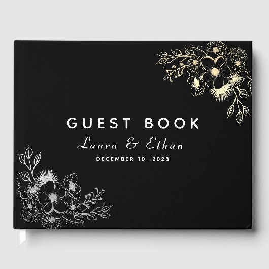 Elegant Zwart en Goud Bloemen Bruiloft Gastenboek (Voorkant)