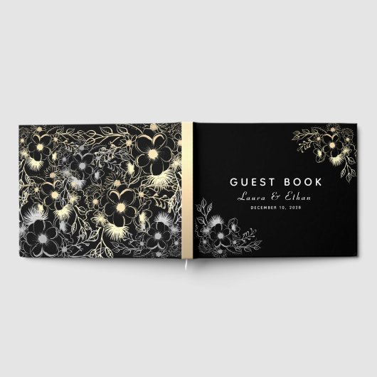 Elegant Zwart en Goud Bloemen Bruiloft Gastenboek (Volledig)
