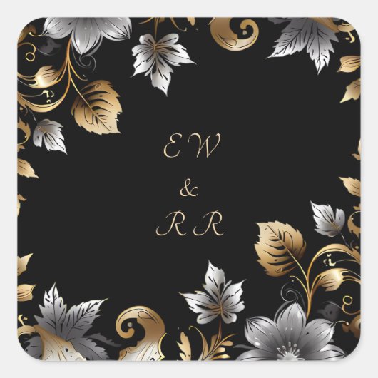 Elegant Zwart en Goud Bloemen Bruiloft Vierkante Sticker (Voorkant)