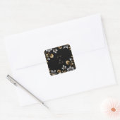 Elegant Zwart en Goud Bloemen Bruiloft Vierkante Sticker (Envelop)