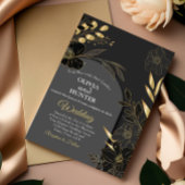 Elegant Zwart en Goud Bloemen Foto Bruiloft Folie Uitnodiging