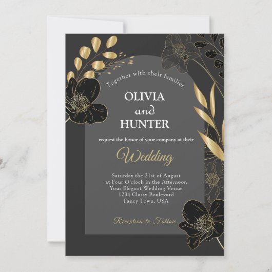 Elegant Zwart en Goud Bloemen Foto Trouwkaart Save The Date (Voorkant)
