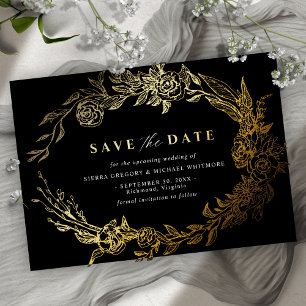 Elegant Zwart en Goud Bloemen Modern Save the Date Folie Uitnodiging