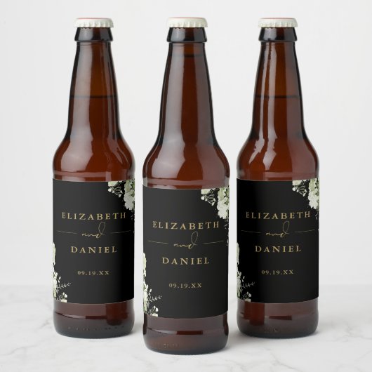 Elegant zwart en goud bloemengroen bruiloft bier etiket (Flessen)