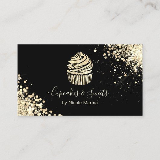 Elegant Zwart en Goud Cupcake Bakkerij Gebak Chef Visitekaartje (Voorkant)