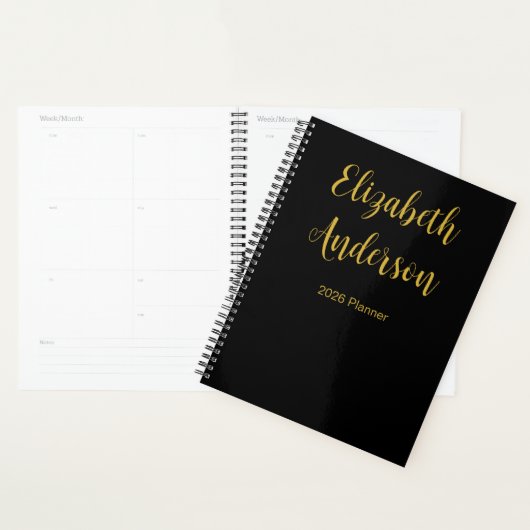 Elegant Zwart en Goud Cursief Script Naam 2026 Planner (Display)