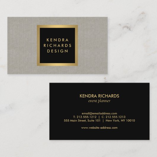 Elegant zwart en goud designer linnen effect visitekaartje (Voorkant / Achterkant)