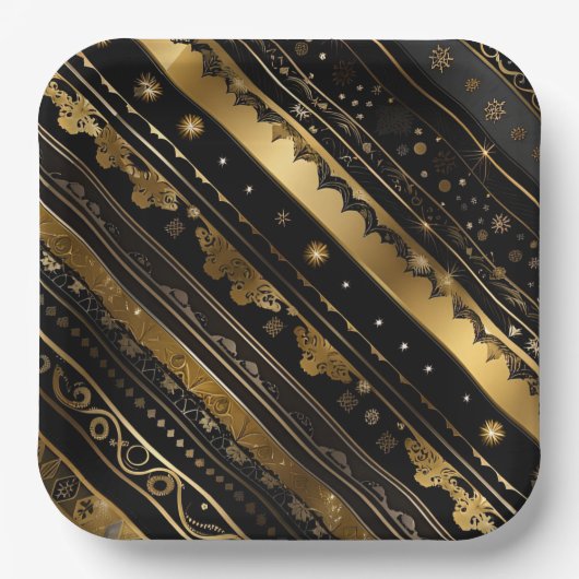 Elegant zwart en goud diagonaal gestreept papieren bordje (Voorkant)