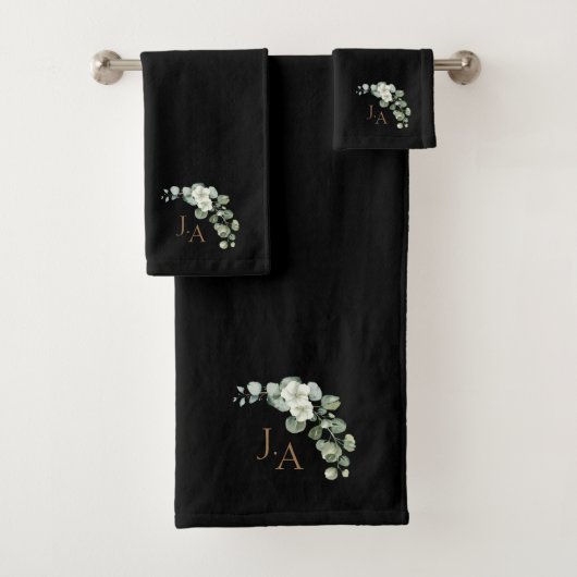 Elegant zwart en goud Eucalyptus gebladerte monogr Bad Handdoek (Insitu)