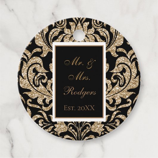 Elegant Zwart en Goud Faux Glitter Bruiloft Bedankjes Labels (Voorkant)