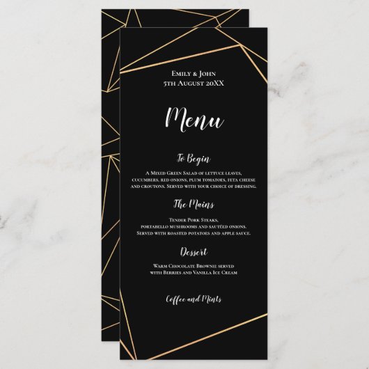 Elegant Zwart en Goud Geometrisch Lijst Bruiloft Menu (Voorkant / Achterkant)
